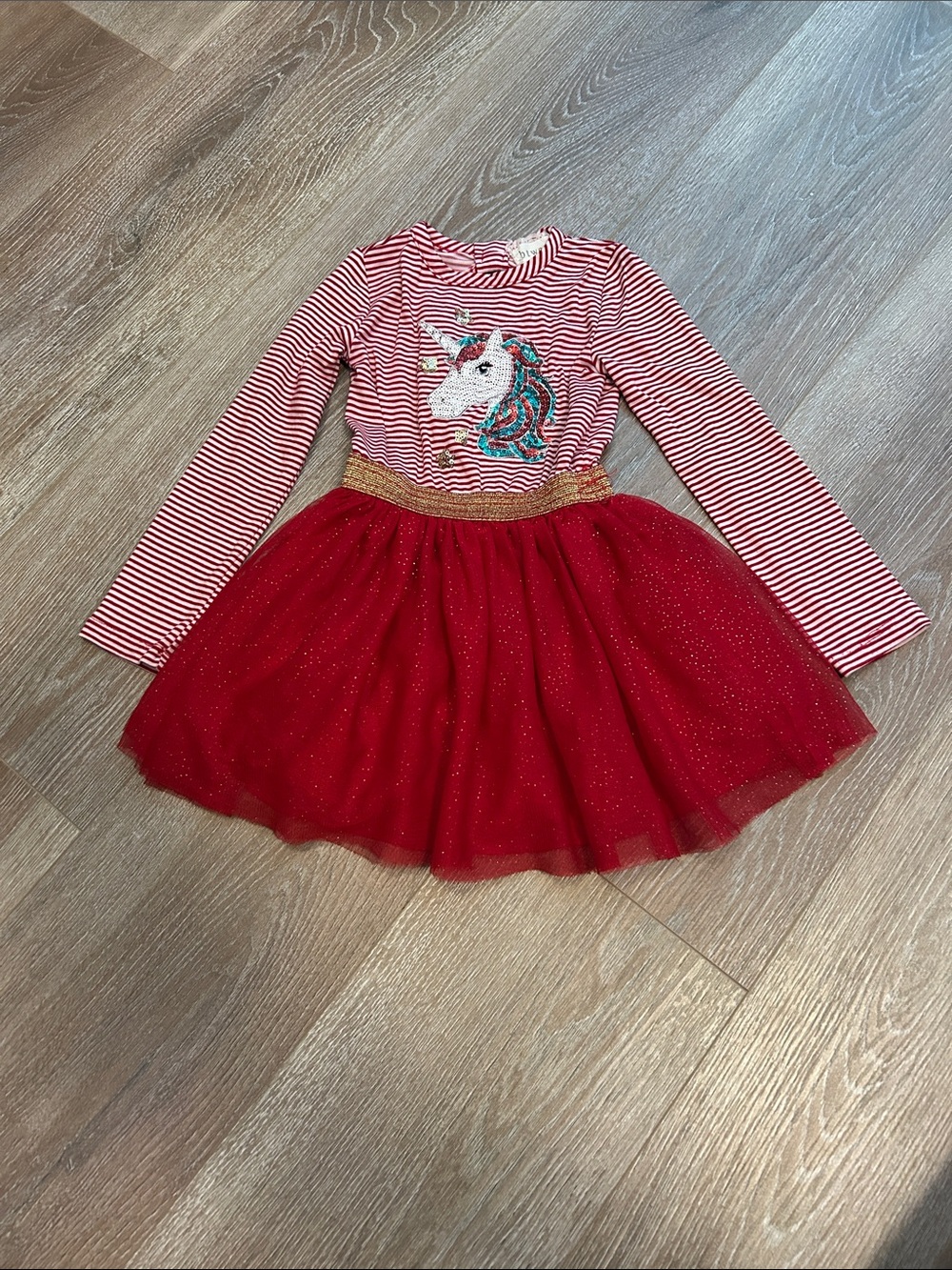 btween Red Striped Unicorn Tulle Dress with Gold Waistband
